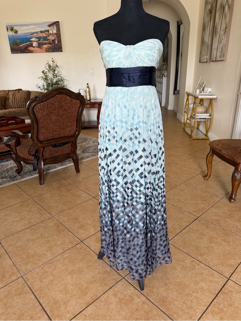 BCBGmaxazria 100% Silk Strapless Ombre Blue Chiffon Maxi Dress